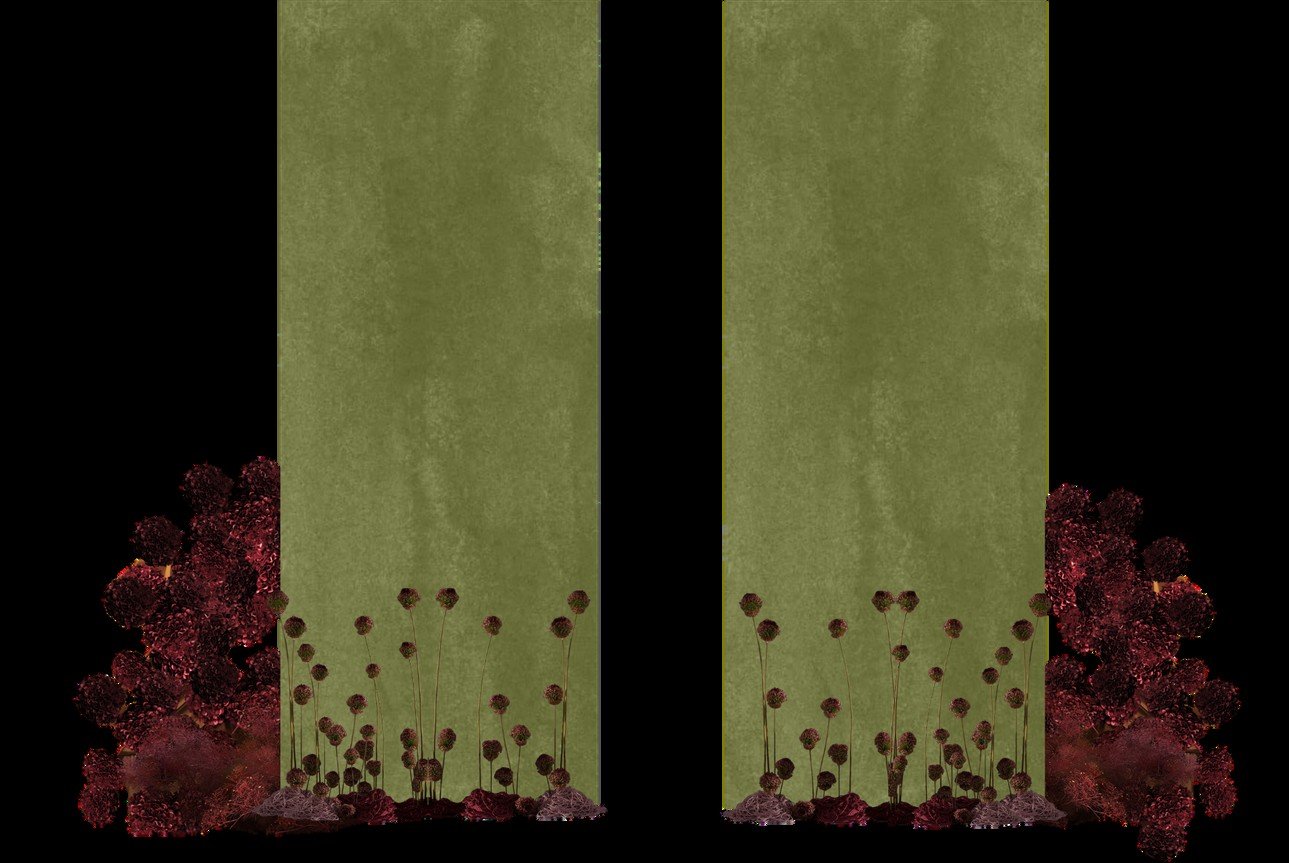 Backdrop panel design flanked by dark red florals