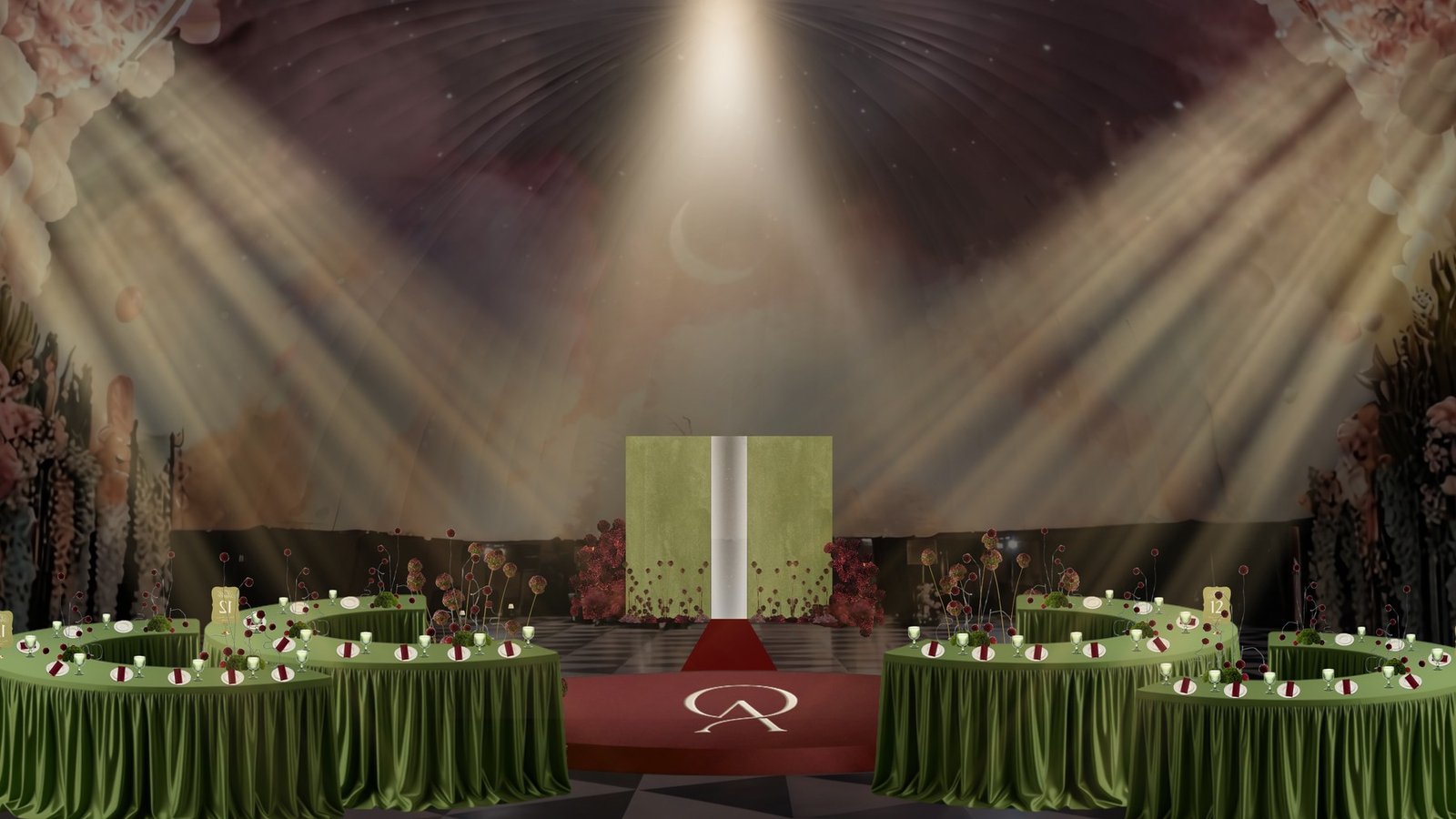 Complete reception layout overview with stage and curved tables
