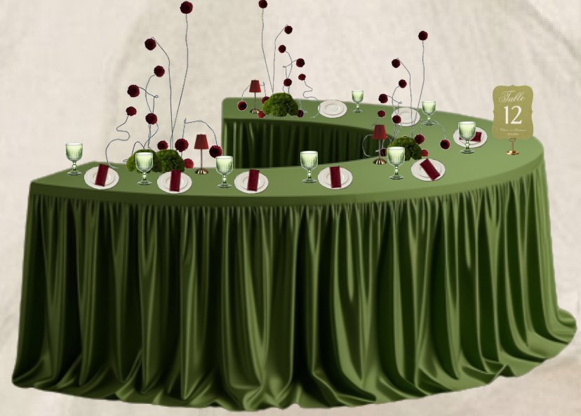 Curved table setting 3D mockup with sage green linen